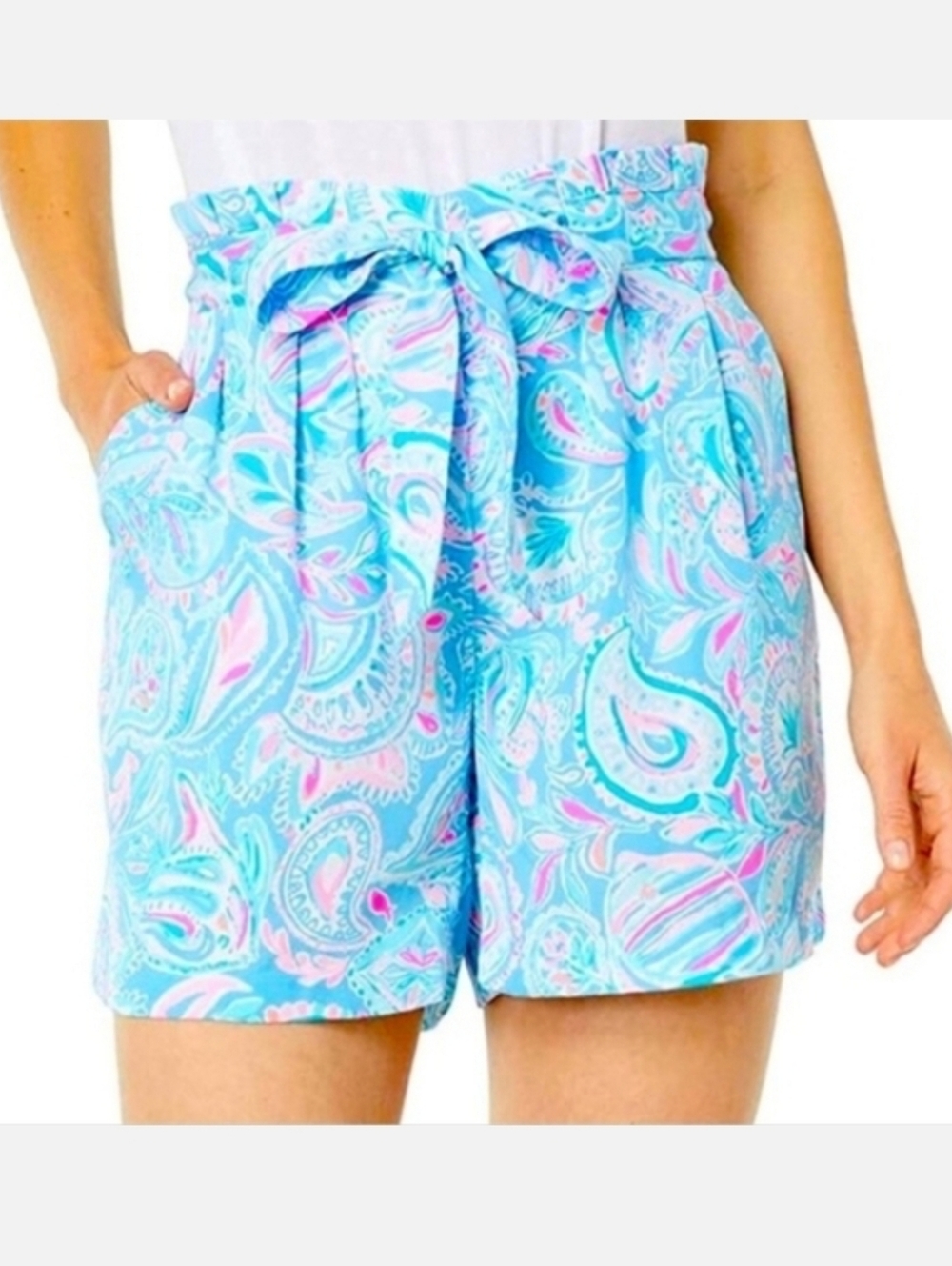 Lilly Pulitzer Kaylene Fish Kiss Blue Pink Zanzibar Paisley Print Belted Shorts